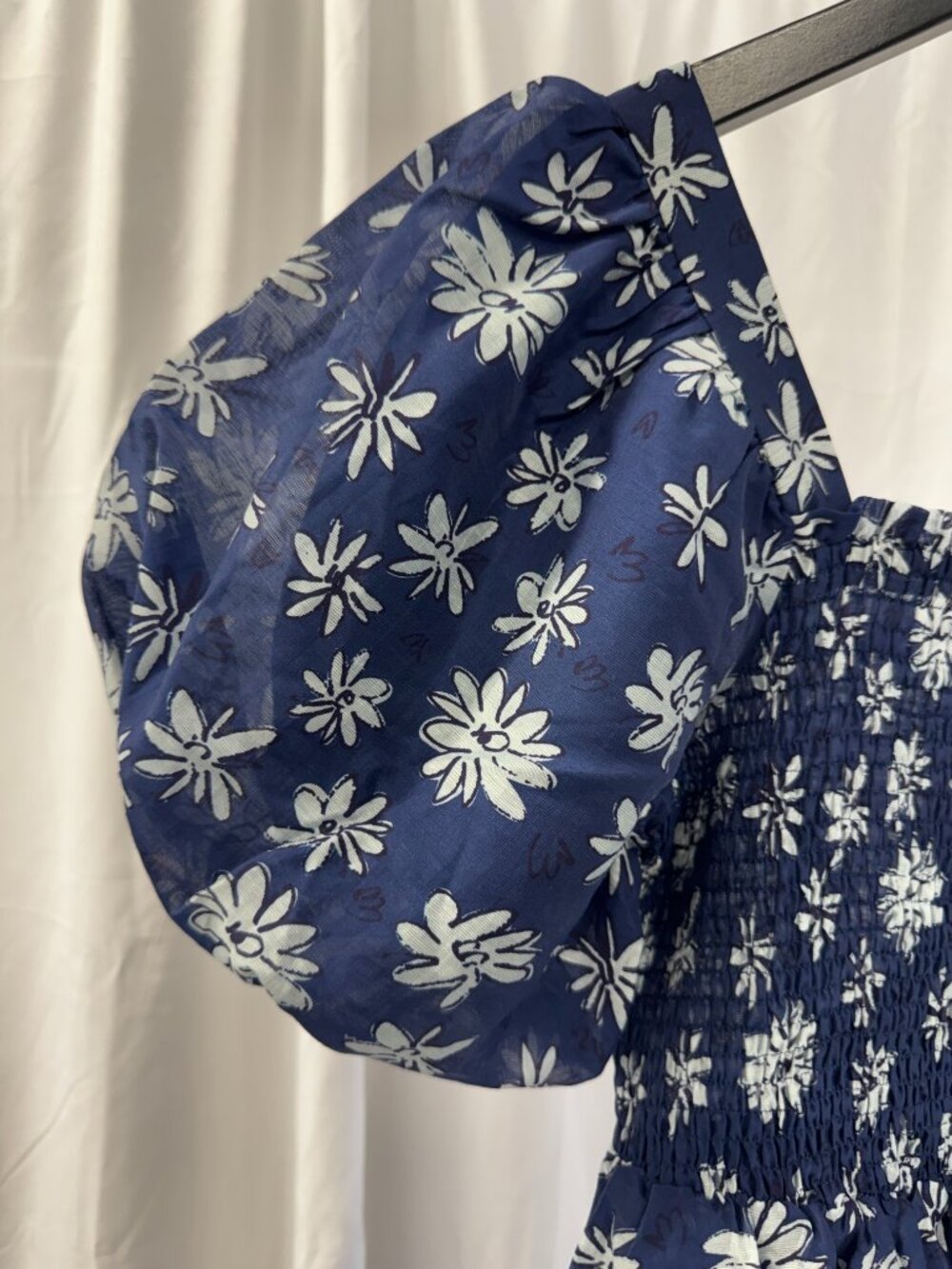 THML Navy White Floral Smocked Puff Sleeve Cottagecore linen blend Midi Dress - Picture 6 of 16